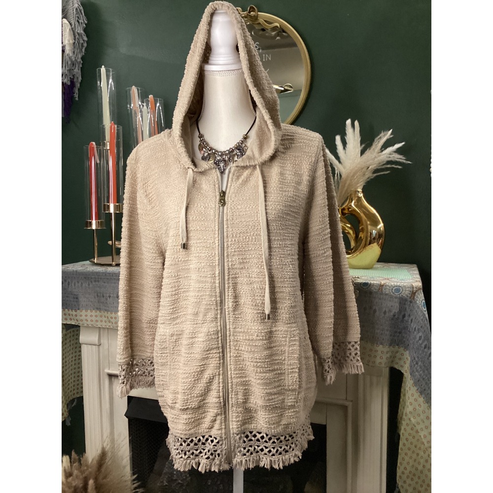 Onque Casual Womens XL Beige Textured Cotton Full Zip Crochet Fringe Hoodie